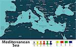 Vector map of Mediterranean Sea with countries, big cities and icons