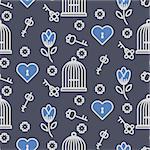 Bird cage romantic seamless vector pattern. Birdcage white and blue dark repeat background for card, invitation and paper.