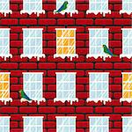 Windows seamless vector pattern and red brick wall building. Birds on snow cornice in winter.