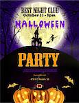 Halloween party flyer with pumpkins, hat, bats witch and house vector