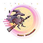 Happy Halloween card with funny flying witch on a broom and Moon isolated on white background.