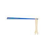 Wooden chopsticks in blue design holding noodles on white background