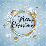 Vector Christmas banner with white paper snowflakes and golden frame on a blue background. Merry Christmas lettering.