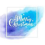 Abstract vector holiday background with greeting inscription. Christmas card with blue watercolor texture.