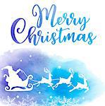 Vector holiday background with Santa Claus and greeting inscription. Christmas card with blue watercolor texture.