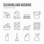 Clean, wash line icons. Washing machine, sponge, mop, iron, vacuum cleaner, shovel and other cleaning icon. Order in the house thin linear signs for cleaning service.