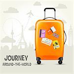 Modern suitcase with travel tags - sightsseeing around the world