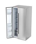 Silver side-by-side refrigerator with opened door on white background