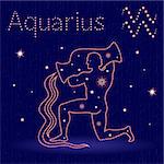 Zodiac sign Aquarius on the starry sky, hand drawn vector illustration with stylized stars over blue background