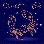 Zodiac sign Cancer on the starry sky, hand drawn vector illustration with stylized stars over blue background