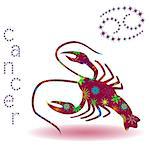 Zodiac sign Cancer, claret vector silhouette with stylized multicolor stars isolated on the white background