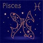 Zodiac sign Pisces on the starry sky, hand drawn vector illustration with stylized stars over blue background