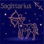 Zodiac sign Sagittarius on the starry sky, hand drawn vector illustration with stylized stars over blue background