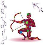 Zodiac sign Sagittarius, claret vector silhouette with stylized multicolor stars isolated on the white background
