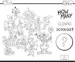 Black and White Cartoon Illustration of Educational Counting Game for Children with Clowns Circus Characters Coloring Book