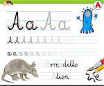 Cartoon Illustration of Writing Skills Practice with Letter A Worksheet for Preschool and Elementary Age Children