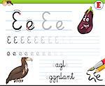 Cartoon Illustration of Writing Skills Practice with Letter E Worksheet for Preschool and Elementary Age Children