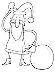 Black and White Cartoon Illustration of Funny Santa Claus Character with Sack of Christmas Presents Coloring Book