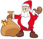 Cartoon Illustration of Happy Santa Claus Christmas Character with Sack of Gifts