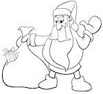 Black and White Cartoon Illustration of Happy Santa Claus Christmas Character with Sack of Gifts Coloring Book