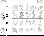 Black and White Cartoon Illustration of Finding Pictures Starting with Referred Letter Educational Activity Game Workbook for Children Coloring Book