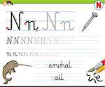 Cartoon Illustration of Writing Skills Practice with Letter N Worksheet for Preschool and Elementary Age Children
