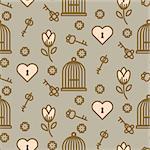 Bird cage romantic seamless vector pattern. Birdcage taupe and pink repeat background for card, invitation and paper.