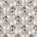 Bird cage romantic seamless vector pattern wallpaper. Birdcage taupe and blue pastel floral repeat background for card, invitation and paper.
