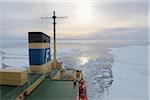 Stern of the icebreaker cruise ship, Kapitan Khlebnikov, on the way through the pack ice at Snow Hill Island in the Weddel Sea at the Antarctic Peninsula, Antarctica