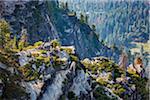 View from Glacier Point of the rocky cliffs of the Sierra Mountains in the Yosemite Valley in Yosemite National Park, California, USA