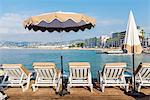 Rows of empty beach lounges in Juan les Pins, Cote d'Azur, Provence, France, Mediterranean, Europe