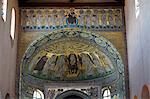 Ciborium from the 12th century in front of an apse mosaic from the 6th century, Euphrasian Basilica, UNESCO World Heritage Site, Porec, Istra Peninsula, Croatia, Europe