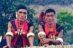 Naga tribal men in traditional clothing, Kisima Nagaland Hornbill festival, Kohima, Nagaland, India, Asia