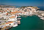 Aerial view of Rethymno old town, Venetian Harbour and fortress, Crete Island, Greek Islands, Greece, Europe