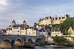 The village of Saint Aignan reflecting in the River Cher, Loir et Cher, Centre, France, Europe