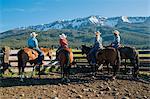 Rear view of cowboys and cowgirls on horseback, Enterprise, Oregon, United States, North America