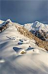 Italy, Italian Alps, Lombardy, The huts and the bell tower of Alpe Cima sorrounded by metres of snow