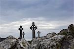 Celtic crosses in an abandoned graveyard in the County of Galway, Ireland, Europe.