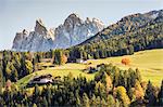 Autumnal landscape with Odle Dolomites peaks on the background. Santa Maddalena, Val di Funes, Trentino Alto Adige - Sudtirol, Italy, Europe.