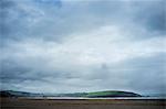 Silhouette of a dog walker and dog on a sandy beach under an overcast sky. Headland and coastline.