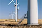 A wind farm technician standing and using a laptop at the base of a turbine on a wind farm in open countryside at Palouse.