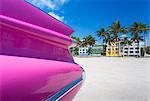 Classic car on Ocean Drive and Art Deco architecture, Miami Beach, Miami, Florida, United States of America, North America