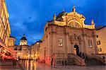 Illuminated Church of St. Blaise and Cathedral, evening blue hour, Old Town, Dubrovnik, UNESCO World Heritage Site, Croatia, Europe