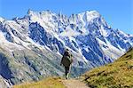 Hiker runs along trail with views on Grandes Jorasses and the Giant Tooth, Veny Valley, Courmayeur, Aosta Valley, Italy, Europe