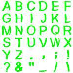 Green font from curved 3D capital letters rendered with soft shadows on white background