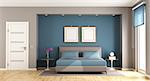 Blue and brown modern bedroom with double bed,closed door and window - 3d rendering