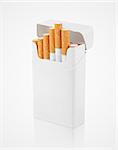 Opened pack of cigarettes standing on gray background with clipping path