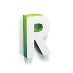 Green gradient and soft shadow font. Letter R. 3D render illustration isolated on white background