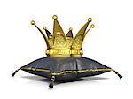 Royal black leather pillow and golden crown. 3D render illustration isolated on white background