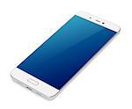 Modern white smartphone with blue screen lying isolated on white background. Smart phone with clipping path